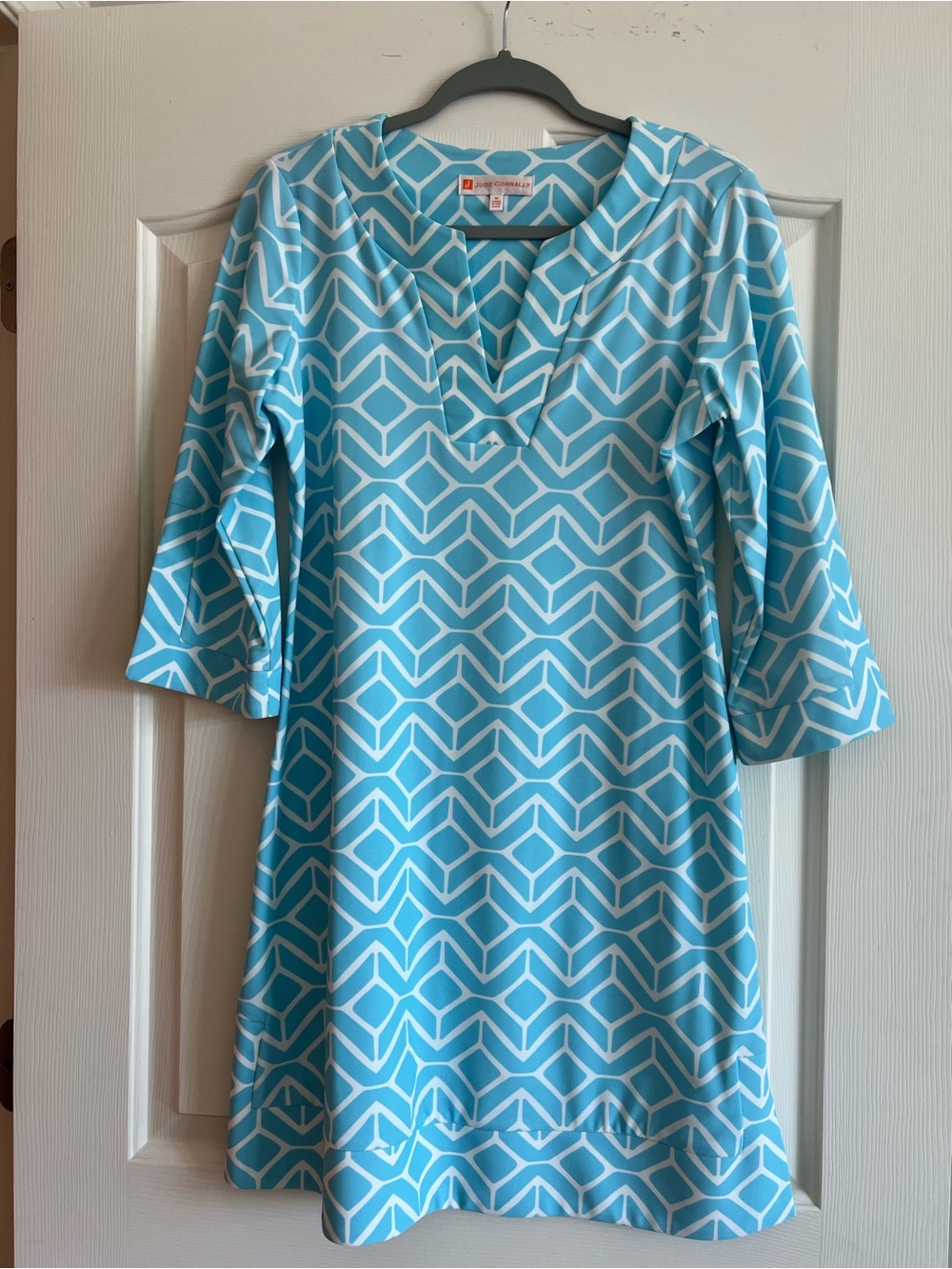 Jude Connally Turquoise & White Geometric Mini Dress